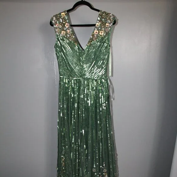 NWT Mac Duggal Sequin & Floral Embellished Evening Gown Sage Green‎ SZ 12 5223 - Picture 7 of 13